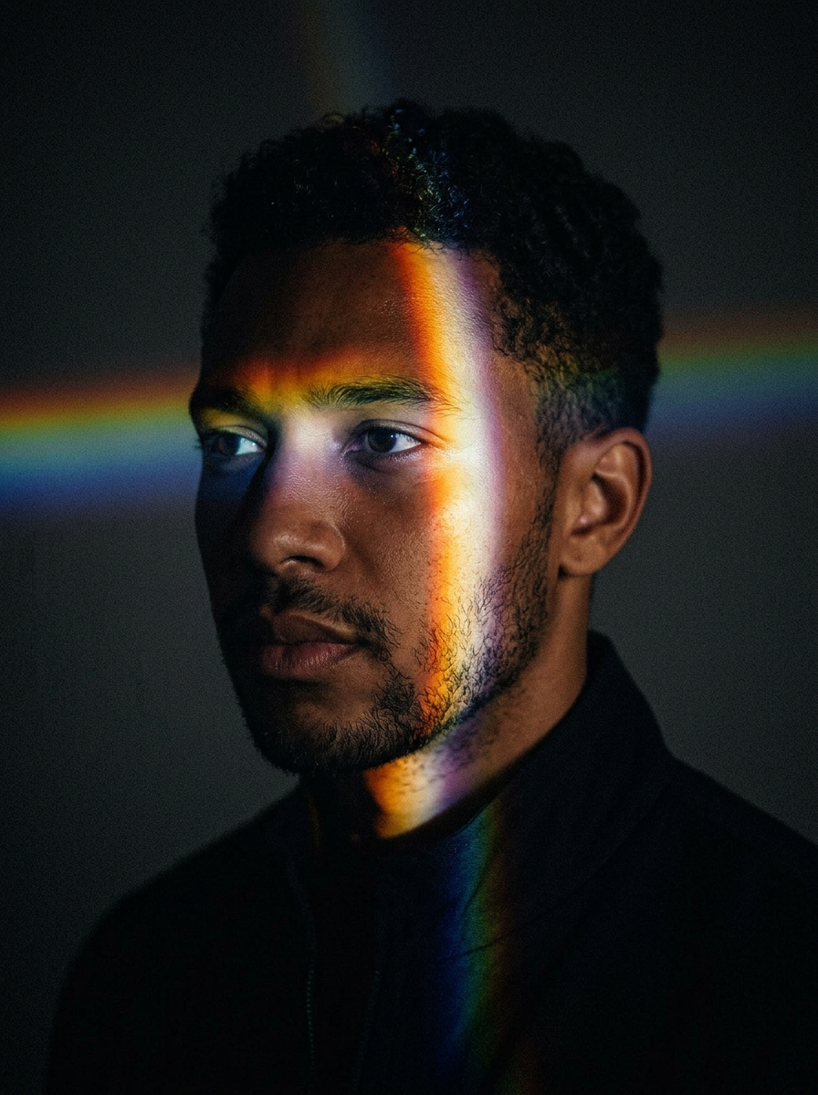 Actor in cinematic prismatic light